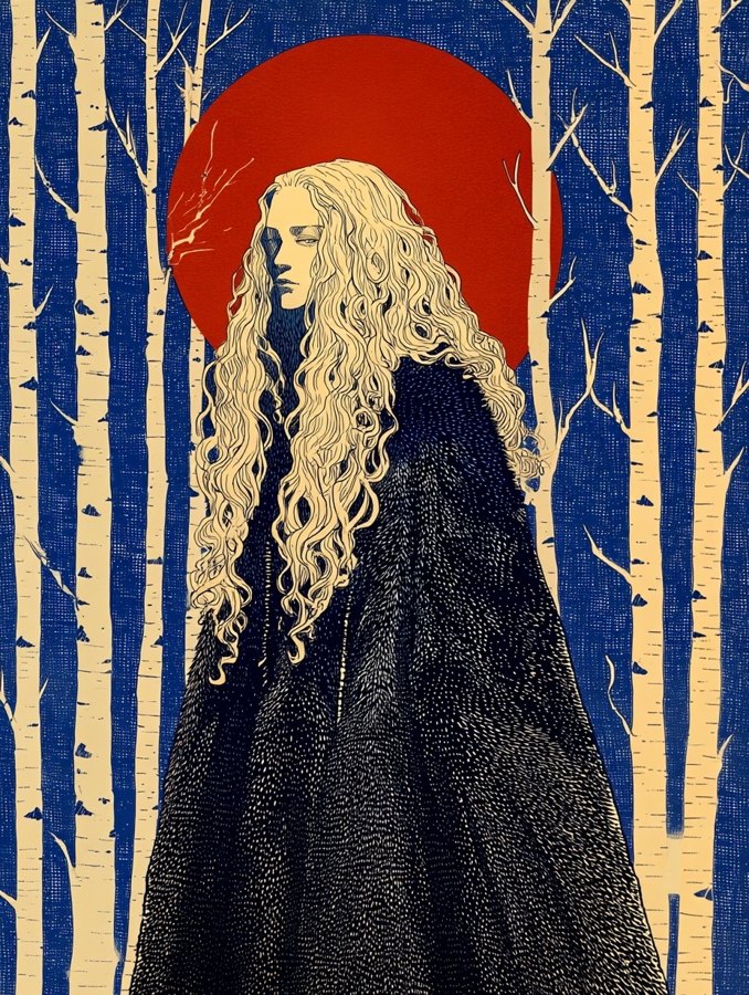 Colour linocut: a woman with long fair hair wrapped in a heavy dark fur cloak, standing among white birches against a blue ground, a red sun behind her head.