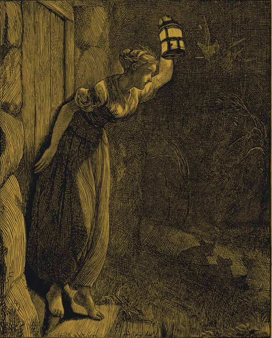Wood engraving by Arthur Boyd Houghton, 1868: a barefoot woman on a stone threshold holds a lantern out into the dark.