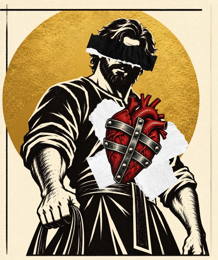 Linocut collage: a man in a plain tunic, a torn black strip over his eyes, holds a set of reins; pasted over his chest, a red heart bound with three iron bands; a flat gold sun behind.